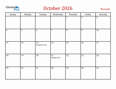 Current month calendar with Burundi holidays for October 2026