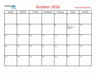 Current month calendar with Saint Barthelemy holidays for October 2026