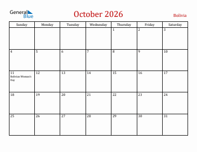 Current month calendar with Bolivia holidays for October 2026