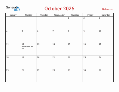 Current month calendar with Bahamas holidays for October 2026