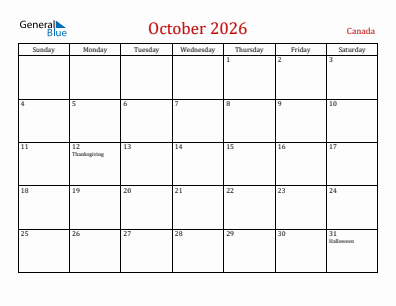 Current month calendar with Canada holidays for October 2026