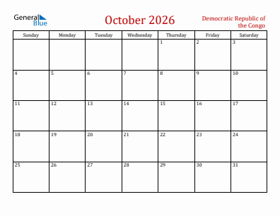Current month calendar with Democratic Republic of the Congo holidays for October 2026