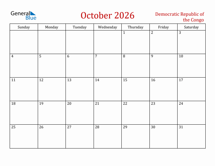 Democratic Republic of the Congo October 2026 Calendar - Sunday Start