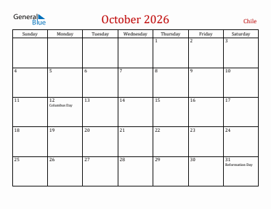 Current month calendar with Chile holidays for October 2026