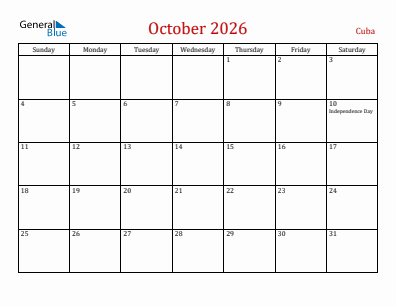 Current month calendar with Cuba holidays for October 2026