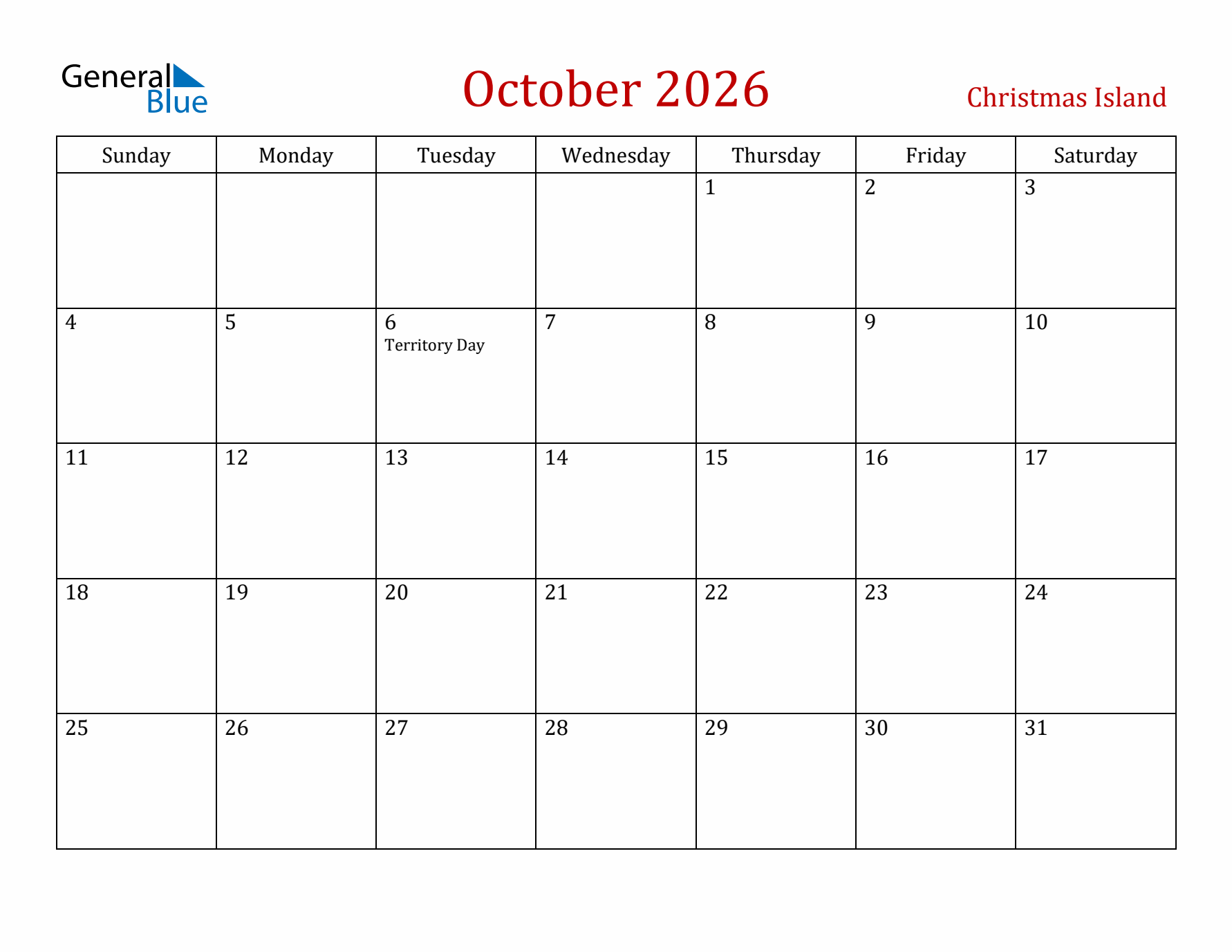 Christmas Island October 2026 Calendar - Sunday Start