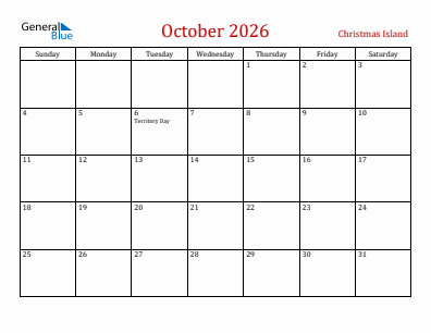 Current month calendar with Christmas Island holidays for October 2026