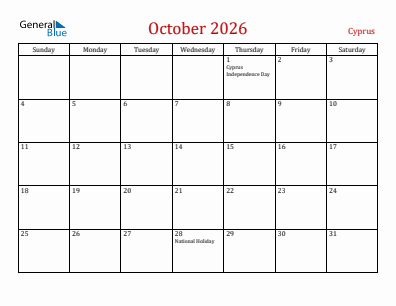Current month calendar with Cyprus holidays for October 2026