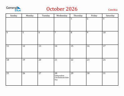 Current month calendar with Czechia holidays for October 2026