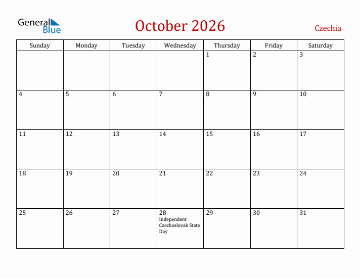 Czechia October 2026 Calendar - Sunday Start