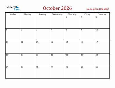 Current month calendar with Dominican Republic holidays for October 2026