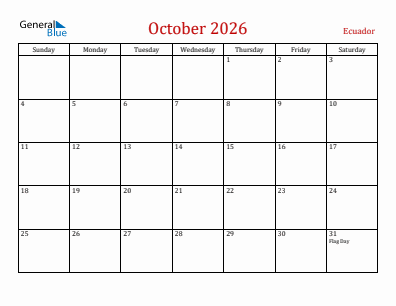 Current month calendar with Ecuador holidays for October 2026