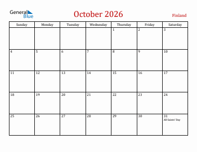 Current month calendar with Finland holidays for October 2026