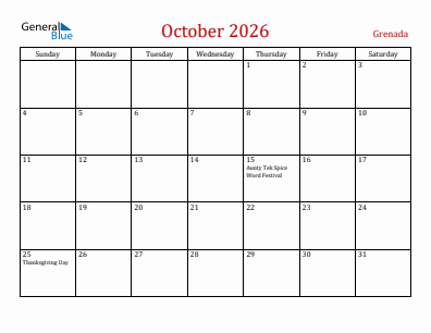 Current month calendar with Grenada holidays for October 2026