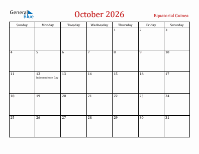 Current month calendar with Equatorial Guinea holidays for October 2026