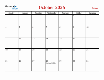 Current month calendar with Greece holidays for October 2026