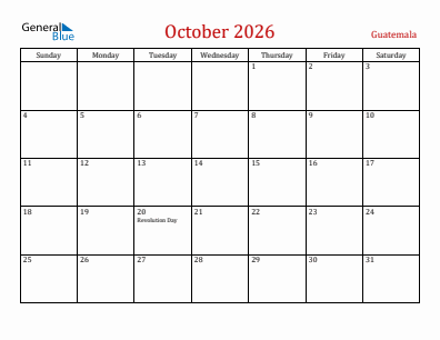 Current month calendar with Guatemala holidays for October 2026