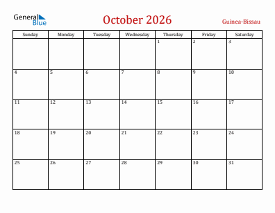 Current month calendar with Guinea-Bissau holidays for October 2026