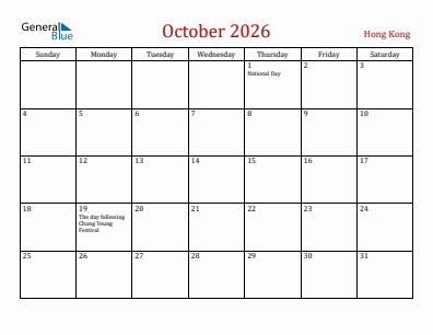 Current month calendar with Hong Kong holidays for October 2026