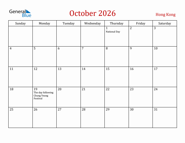 Hong Kong October 2026 Calendar - Sunday Start