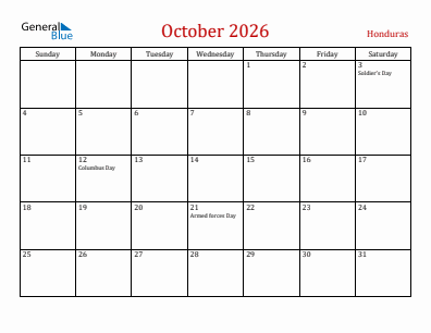 Current month calendar with Honduras holidays for October 2026