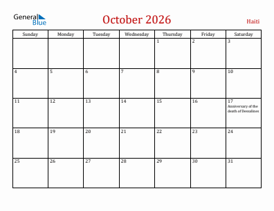 Current month calendar with Haiti holidays for October 2026