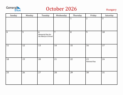 Current month calendar with Hungary holidays for October 2026