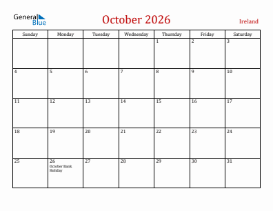 Current month calendar with Ireland holidays for October 2026