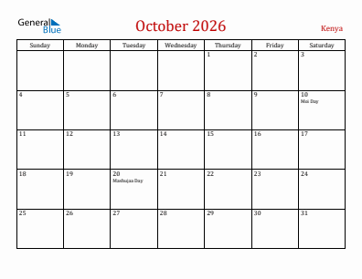 Current month calendar with Kenya holidays for October 2026