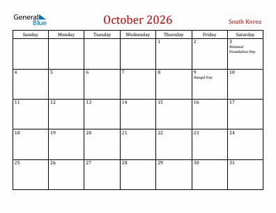 Current month calendar with South Korea holidays for October 2026