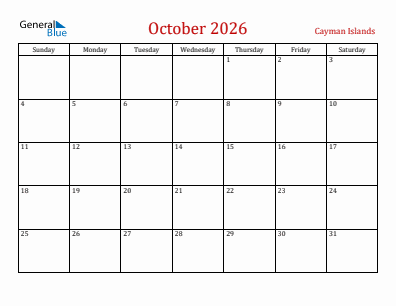 Current month calendar with Cayman Islands holidays for October 2026