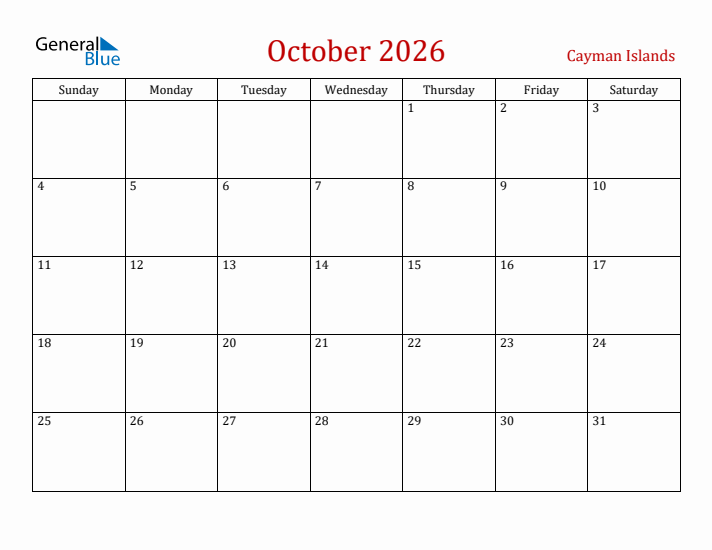 Cayman Islands October 2026 Calendar - Sunday Start