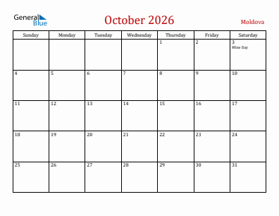 Current month calendar with Moldova holidays for October 2026
