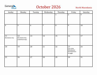 Current month calendar with North Macedonia holidays for October 2026