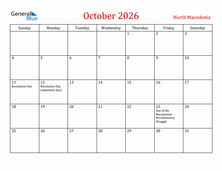 North Macedonia October 2026 Calendar - Sunday Start
