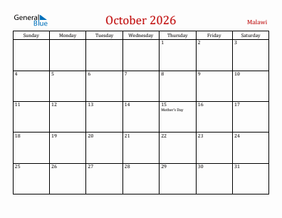 Current month calendar with Malawi holidays for October 2026