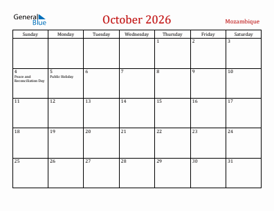 Current month calendar with Mozambique holidays for October 2026