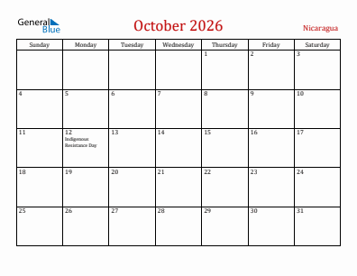 Current month calendar with Nicaragua holidays for October 2026