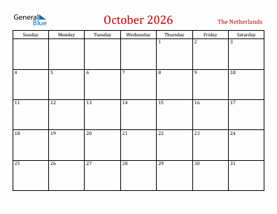 Current month calendar with The Netherlands holidays for October 2026