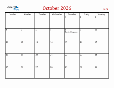 Current month calendar with Peru holidays for October 2026