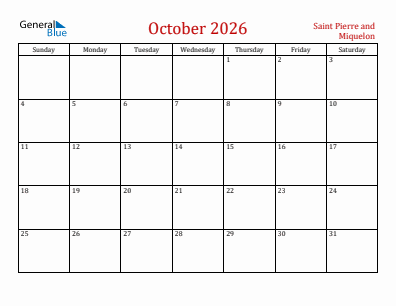 Current month calendar with Saint Pierre and Miquelon holidays for October 2026