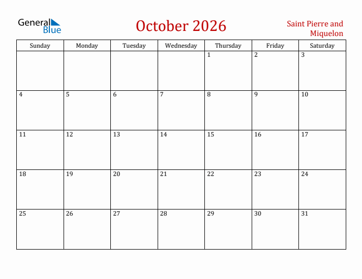 Saint Pierre and Miquelon October 2026 Calendar - Sunday Start