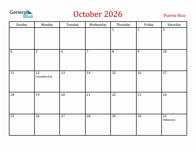 Current month calendar with Puerto Rico holidays for October 2026