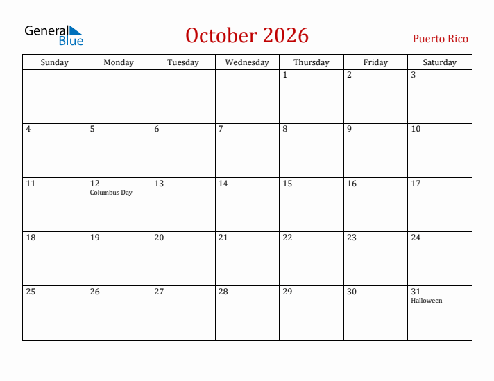 Puerto Rico October 2026 Calendar - Sunday Start
