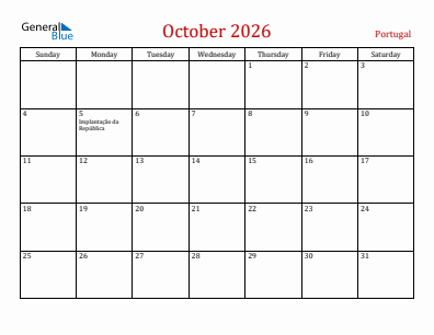 Current month calendar with Portugal holidays for October 2026