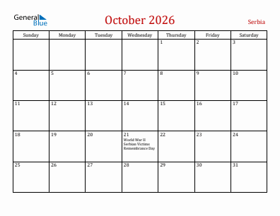 Current month calendar with Serbia holidays for October 2026