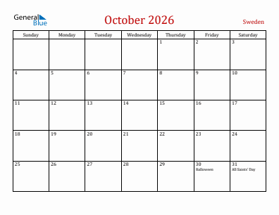 Current month calendar with Sweden holidays for October 2026