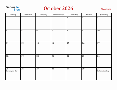 Current month calendar with Slovenia holidays for October 2026