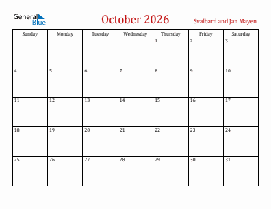 Current month calendar with Svalbard and Jan Mayen holidays for October 2026