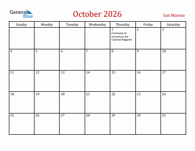Current month calendar with San Marino holidays for October 2026
